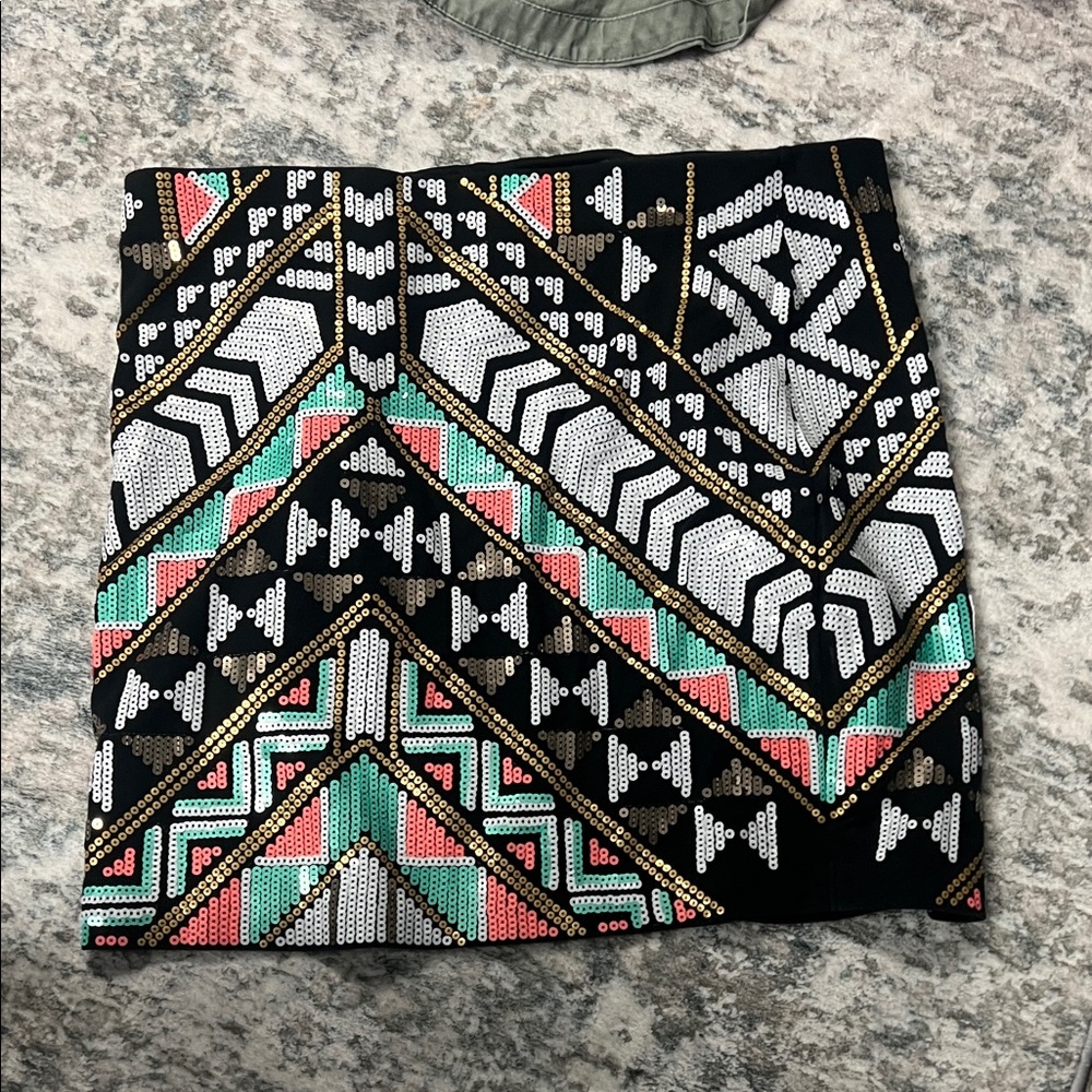 Express Black and Gold Patterned Mini Skirt